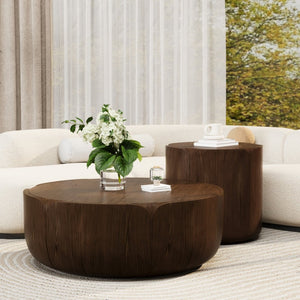 English Elm Round Mgo Drum Coffee Table Set Weatherproof Wood Grain Finish for Patio or Living Room Brown W757S00051
