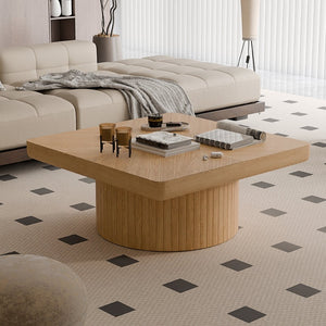 English Elm 34.6'' Square Coffee Table Parquet Wood Veneer Sculptural Cylindrical Base Modern Living Room Natural Wood W1435P337646