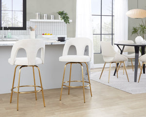 English Elm Fixed-height Swivel Counterstools with White Upholstery Gold Footrest Set of 2 B202S01782