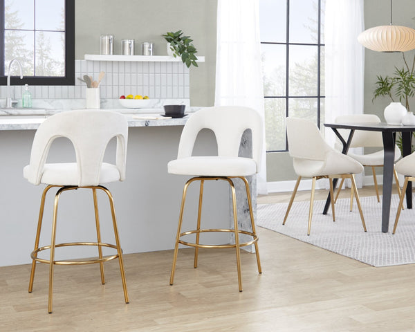 English Elm Fixed-height Swivel Counterstools with White Upholstery Gold Footrest Set of 2 B202S01782