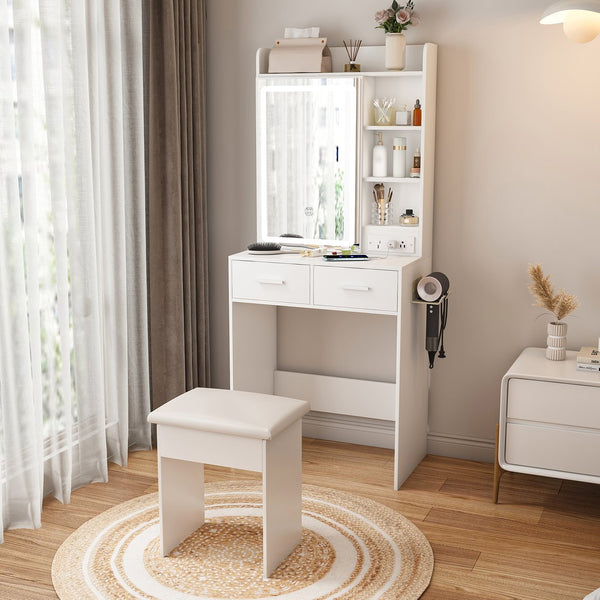 English Elm Small Makeup Vanity Desk with LED Mirror, USB/AC Ports, Hair Dryer Stand, Stool & Hidden Storage W2699P296515