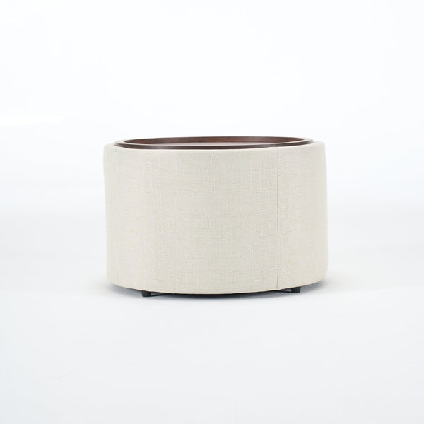 English Elm Ball Cast Round Nesting Ottoman Set Linen Upholstered Hidden Storage with Wooden Tray Beige W3163P379373