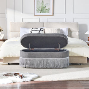 English Elm Oval Fringe Trim Upholstered Lift Top Storage Ottoman Stylish Footrest for Any Room Grey W5501P462408