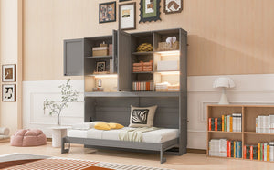 English Elm Twin Murphy Bed with Cabinet Shelves Built in Lighting Usb Ports Space Saving Wall Unit Gray LP000389AAE-1