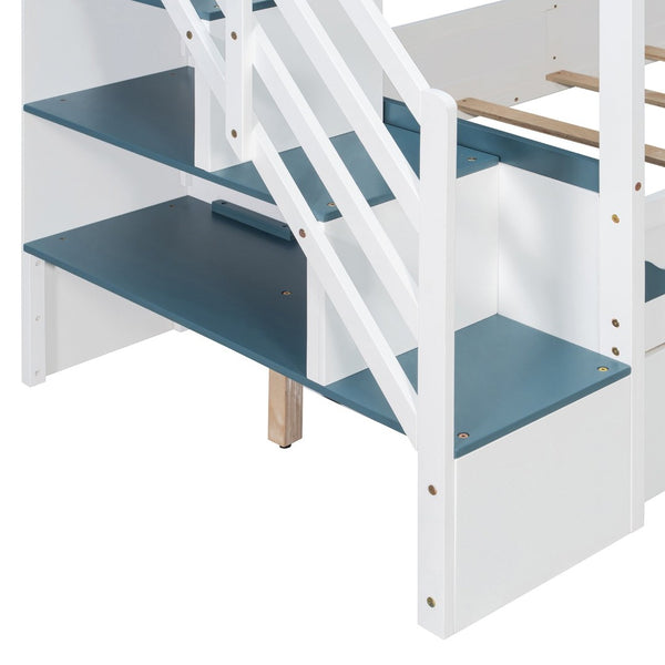English Elm Twin Over Kids Bunk Bed with Castle Roofline Led Lights and Staircase Storage White N820S00068K
