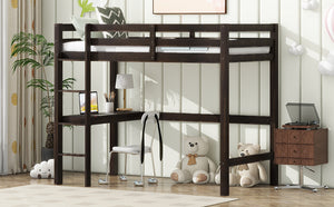 English Elm Twin High Loft Bed with Built-In Desk & Ladder, Espresso Rubberwood, Safety Guardrail, Space-Saving 90 W504P283513