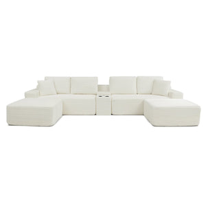 English Elm 125'' Modular L-shaped Sectional Corduroy Cloud Couch with Storage and Usb Ports W1117S00427