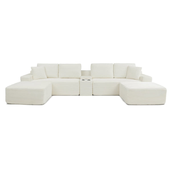 English Elm 125'' Modular L-shaped Sectional Corduroy Cloud Couch with Storage and Usb Ports W1117S00427
