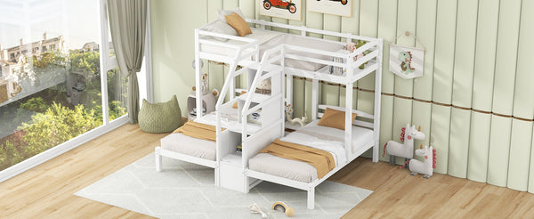 English Elm Twin Triple Bunk Bed Pine Frame with Staircase Storage Drawers for Kids Rooms GX000309AAK