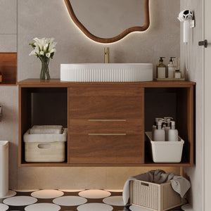English Elm Modern 39.4" Wall-Mounted Floating Vanity With Oval Sink, Soft-Close Drawers & Open Shelf Storage W3136S00028