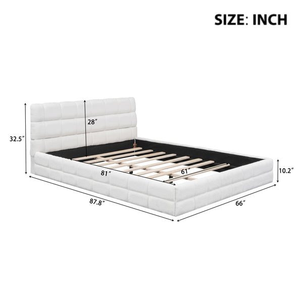 English Elm Queen Upholstered Platform Bed with Padded Headboard, Slat Support, Modern Stitch Detail for Comfort White DL001520AAK