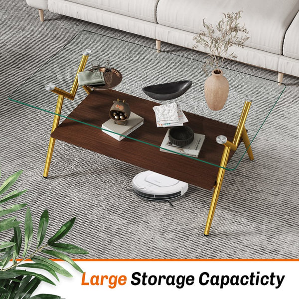 English Elm Coffee Table Set Of 3 With Tempered Glass & Mdf Storage Layer - Modern Living Room Tables! W241S00051