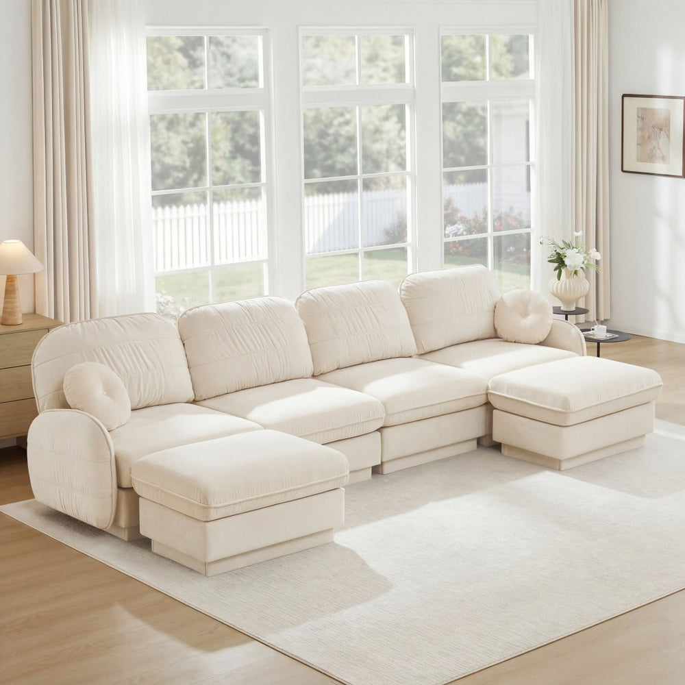 English Elm 137" Oversized Chenille Sectional Sofa with Movable Ottoman and Quilted Cushions W714S01755