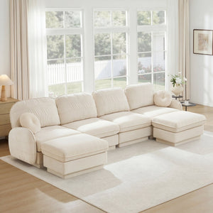 English Elm 137" Oversized Chenille Sectional Sofa with Movable Ottoman and Quilted Cushions W714S01755
