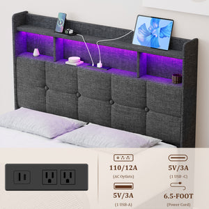 English Elm Full Linen Upholstered Bed with LED Lights, 20W Fast Charging, 2 Drawers & Memory Foam Headboard - Dark Gray W1550P190361