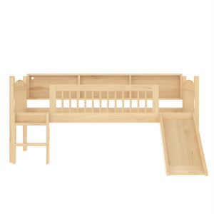 English Elm Twin Xl Solid Pine Loft Bed with Built-in Led Lighting and Storage Shelves Natural W1580S00366