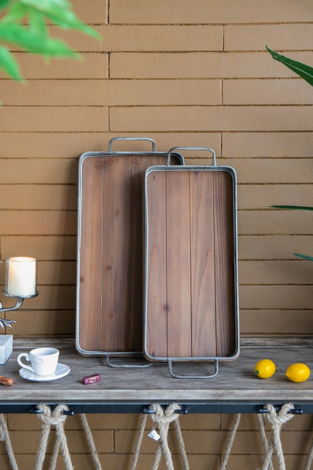 English Elm S/2 Rustic Fir Wood Serving Trays with Iron Accents for Farmhouse Tablescapes W2078P495641