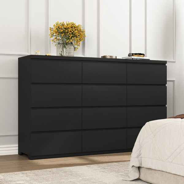 English Elm 12 Drawer Wide Double Dresser Modern Symmetrical Wood Storage Chest for Bedroom Black W409S00016