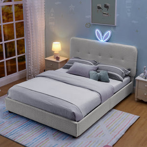 English Elm Full Size Kids Storage Bed Boucle Upholstered Rabbit Ear Headboard with Led Lighting Beige W1413P384924