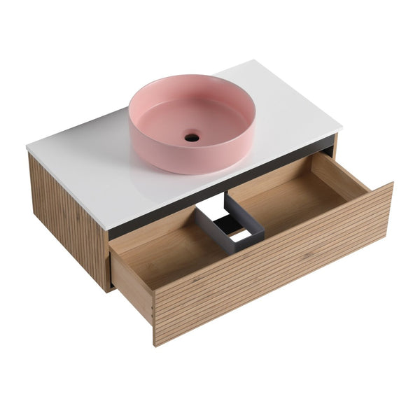 English Elm 36'' Floating Wall Mounted Vanity with Art Ceramic Vessel Sink and Soft Close Drawer W999S00364