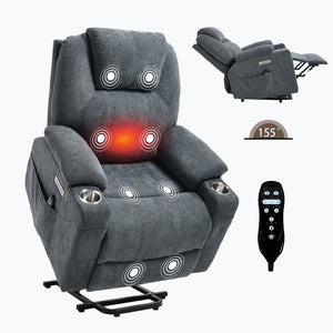 English Elm Up to 350 Lbs Chenille Power Lift Recliner with Massage Heating and Usb Charging Ports Grey W3224S00025