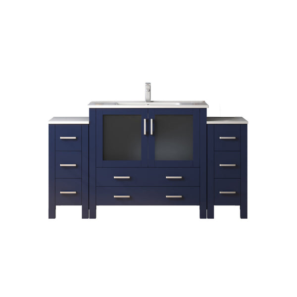 English Elm Navy Blue Single Bath Vanity With White Ceramic Top, Side Cabinets, And Complete Faucet Set, 60" W B2731S01208