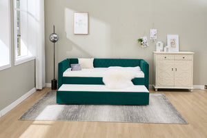 English Elm Emerald velvet daybed with diamond tufted pull-out trundle, modern sturdy frame, luxe guest bed for living spaces W1361S00033