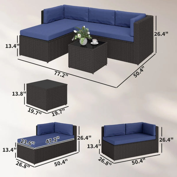 English Elm Comfortable Outdoor 3 Piece Pe Wicker Patio Set with Chaise Sofa and Glass Table Dark Brown,Navy Blue T3971S00210