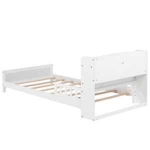 English Elm Twin Pine Wood Bed with Bookcase Headboard LED Motion Sensor Light Guardrails Ample Storage Space White W504P277596