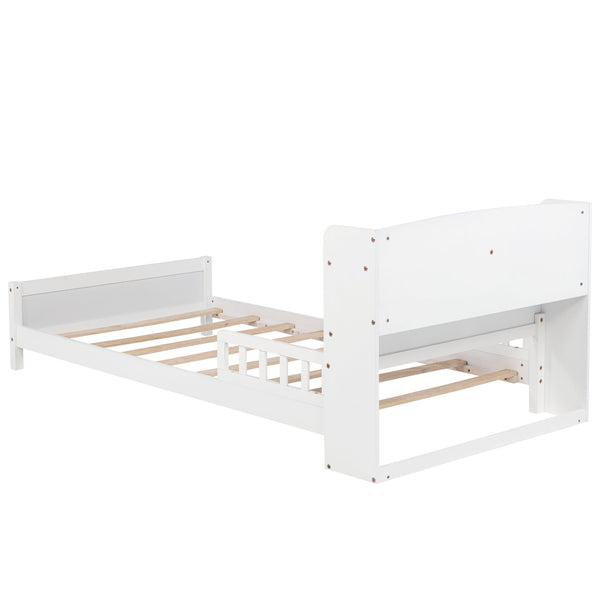 English Elm Twin Pine Wood Bed with Bookcase Headboard LED Motion Sensor Light Guardrails Ample Storage Space White W504P277596