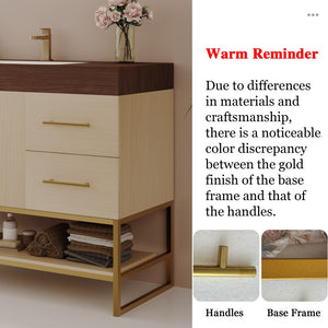English Elm 36" Freestanding Bathroom Vanity Sintered Stone Top Brushed Gold Legs Wood Cabinet W3136S00056