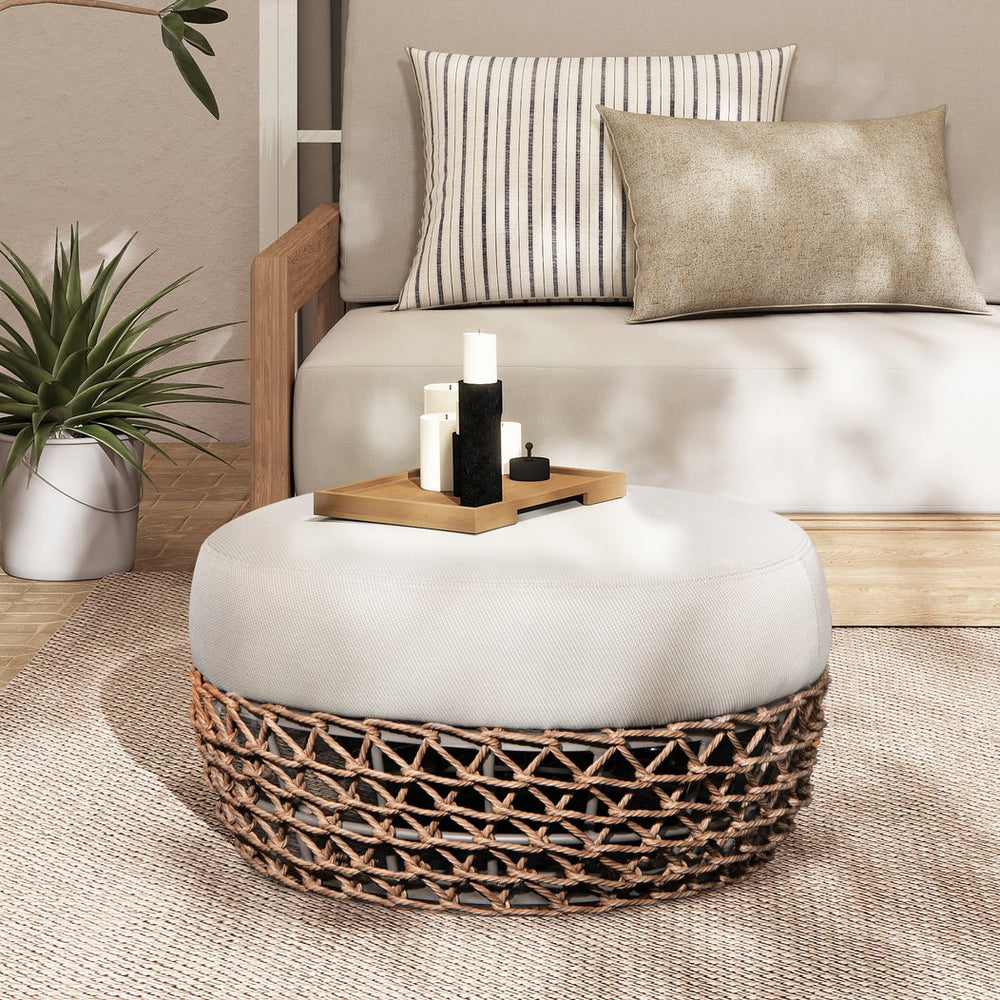 English Elm Jennifer Taylor Home - Willow 25" Round Outdoor Ottoman with Axroma Olefin Upholstery, Woven Golden Brown Frame, Durable ComfortWillow 25" Round Outdoor Ottoman with Axroma Olefin Upholstery, Woven Golden Brown Frame for Durable Comfort B2719P305701