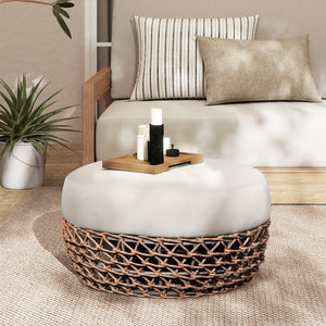 English Elm Jennifer Taylor Home - Willow 25" Round Outdoor Ottoman with Axroma Olefin Upholstery, Woven Golden Brown Frame, Durable ComfortWillow 25" Round Outdoor Ottoman with Axroma Olefin Upholstery, Woven Golden Brown Frame for Durable Comfort B2719P305701