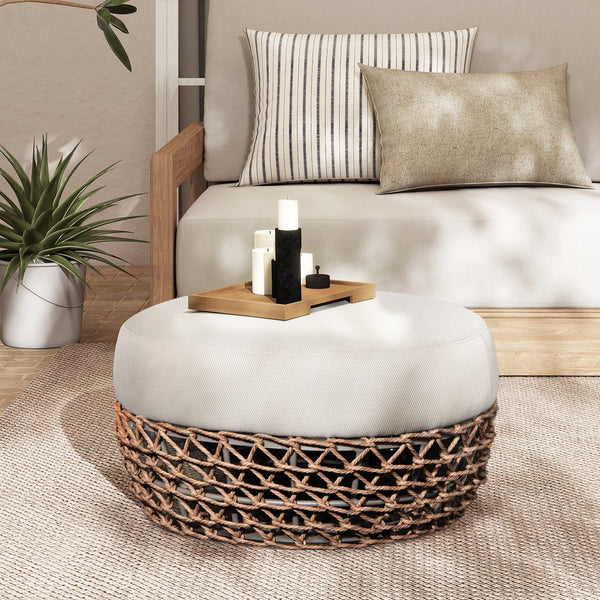 English Elm Jennifer Taylor Home - Willow 25" Round Outdoor Ottoman with Axroma Olefin Upholstery, Woven Golden Brown Frame, Durable ComfortWillow 25" Round Outdoor Ottoman with Axroma Olefin Upholstery, Woven Golden Brown Frame for Durable Comfort B2719P305701