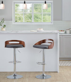 English Elm Adjustable Swivel Barstools Set of Two with Chrome Base Mid-century Kitchen Counter Seating Walnut B202S01966