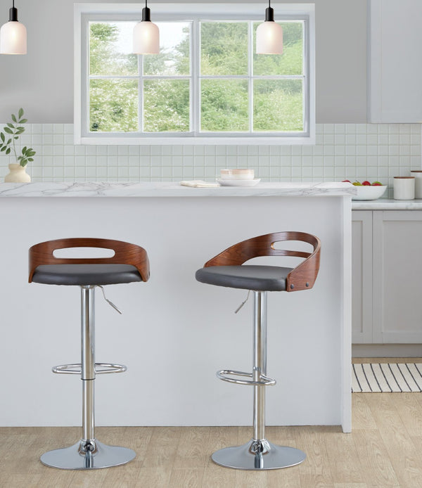 English Elm Adjustable Swivel Barstools Set of Two with Chrome Base Mid-century Kitchen Counter Seating Walnut B202S01966