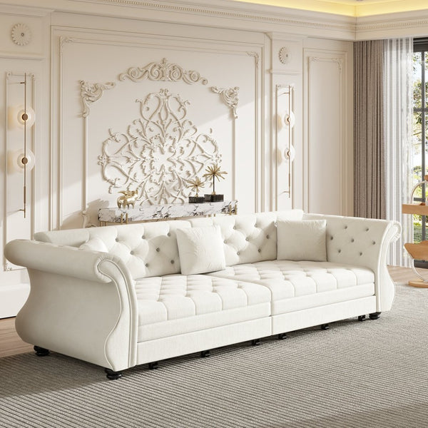 English Elm 97.6" Oversized Velvet Chesterfield Sleeper Sofa Floral Tufted Roll Arm Living Room Couch Beige White W1885S00397