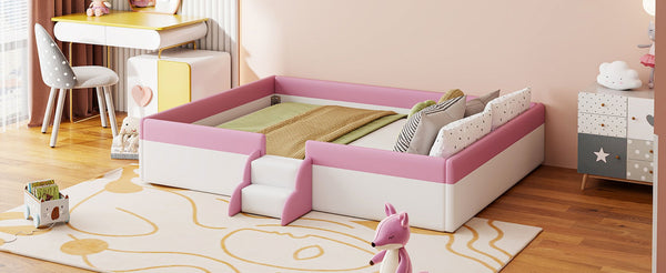 English Elm King Platform Daybed with Fence Rail and Stairs Pu Upholstered Kids Bedroom Frame SF000156AAH-1