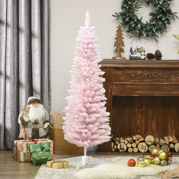 English Elm Homcom 5' Snow Flocked Slim Pencil Christmas Tree – Whimsical Indoor Decor For Small Spaces, Pink W2225P229528