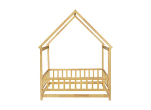 English Elm Full Size House Floor Bed With Roof Frame & Safety Guardrails - Cozy Natural Wood Design For Kids W504P286409