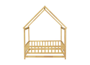English Elm Twin House Shaped Floor Bed Solid Rubberwood Frame with Guardrails for Kids W504P370560