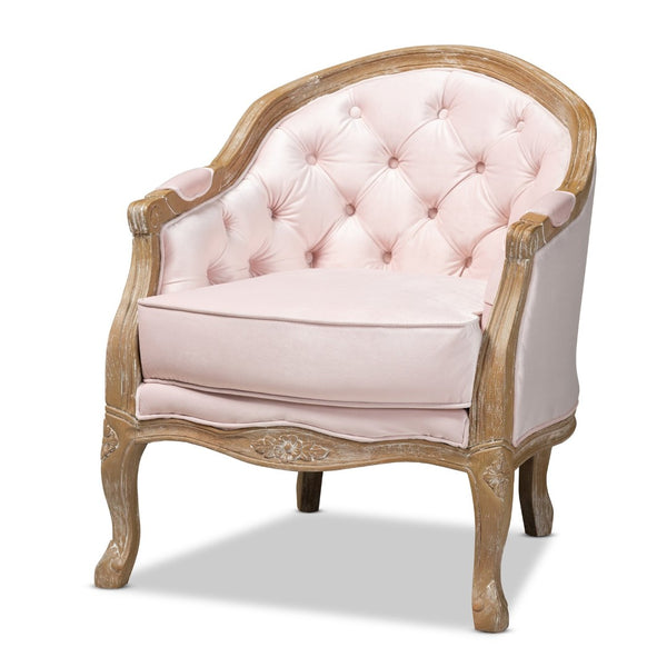 Baxton Studio Baxton Studio Genevieve French Provincial Light Pink Velvet Armchair with White-Washed Oak Frame TSF7766-Light Pink-CC