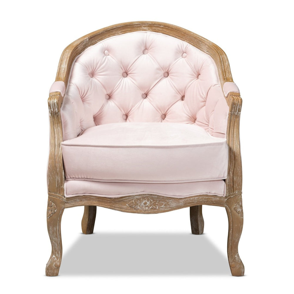 Baxton Studio Baxton Studio Genevieve French Provincial Light Pink Velvet Armchair with White-Washed Oak Frame TSF7766-Light Pink-CC