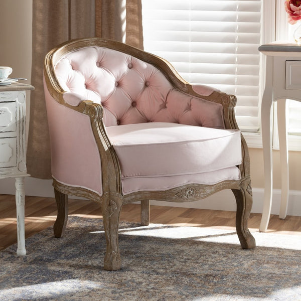 Baxton Studio Baxton Studio Genevieve French Provincial Light Pink Velvet Armchair with White-Washed Oak Frame TSF7766-Light Pink-CC