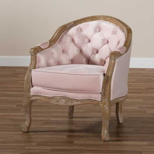 Baxton Studio Baxton Studio Genevieve French Provincial Light Pink Velvet Armchair with White-Washed Oak Frame TSF7766-Light Pink-CC