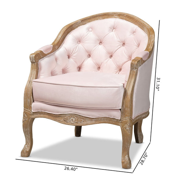 Baxton Studio Baxton Studio Genevieve French Provincial Light Pink Velvet Armchair with White-Washed Oak Frame TSF7766-Light Pink-CC