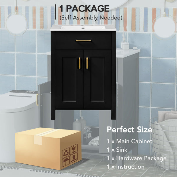English Elm 24"Bathroom Luxurious Space-Saving Vanity with Ceramic Sink, Solid Wood Frame, Soft-Close Doors and Storage Black N729P183716B