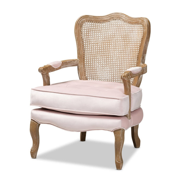 Baxton Studio Baxton Studio Vallea Traditional French Provincial Velvet Armchair with White-Washed Oak Frame Pink TSF7764-Light Pink-CC