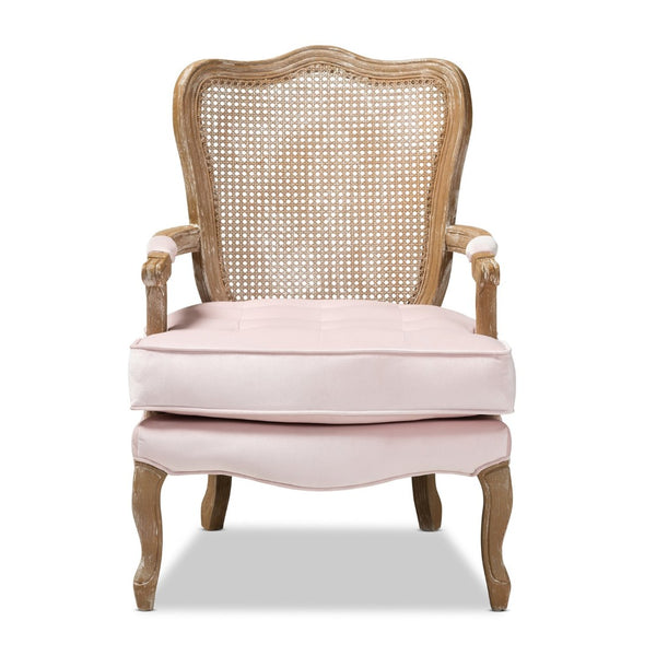 Baxton Studio Baxton Studio Vallea Traditional French Provincial Velvet Armchair with White-Washed Oak Frame Pink TSF7764-Light Pink-CC