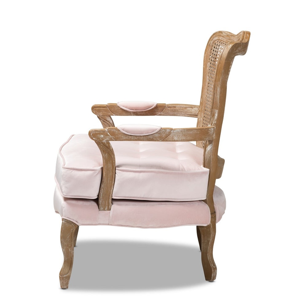 Baxton Studio Baxton Studio Vallea Traditional French Provincial Velvet Armchair with White-Washed Oak Frame Pink TSF7764-Light Pink-CC